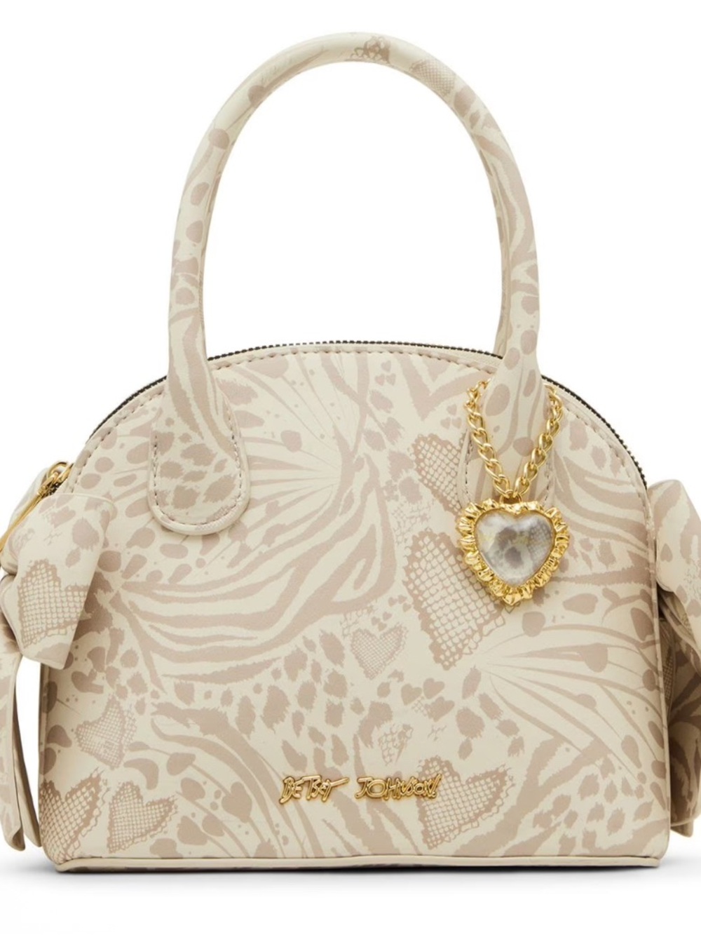Betsey Johnson Cream/Taupe Patterned Dome Satchel with Gold Heart Charm